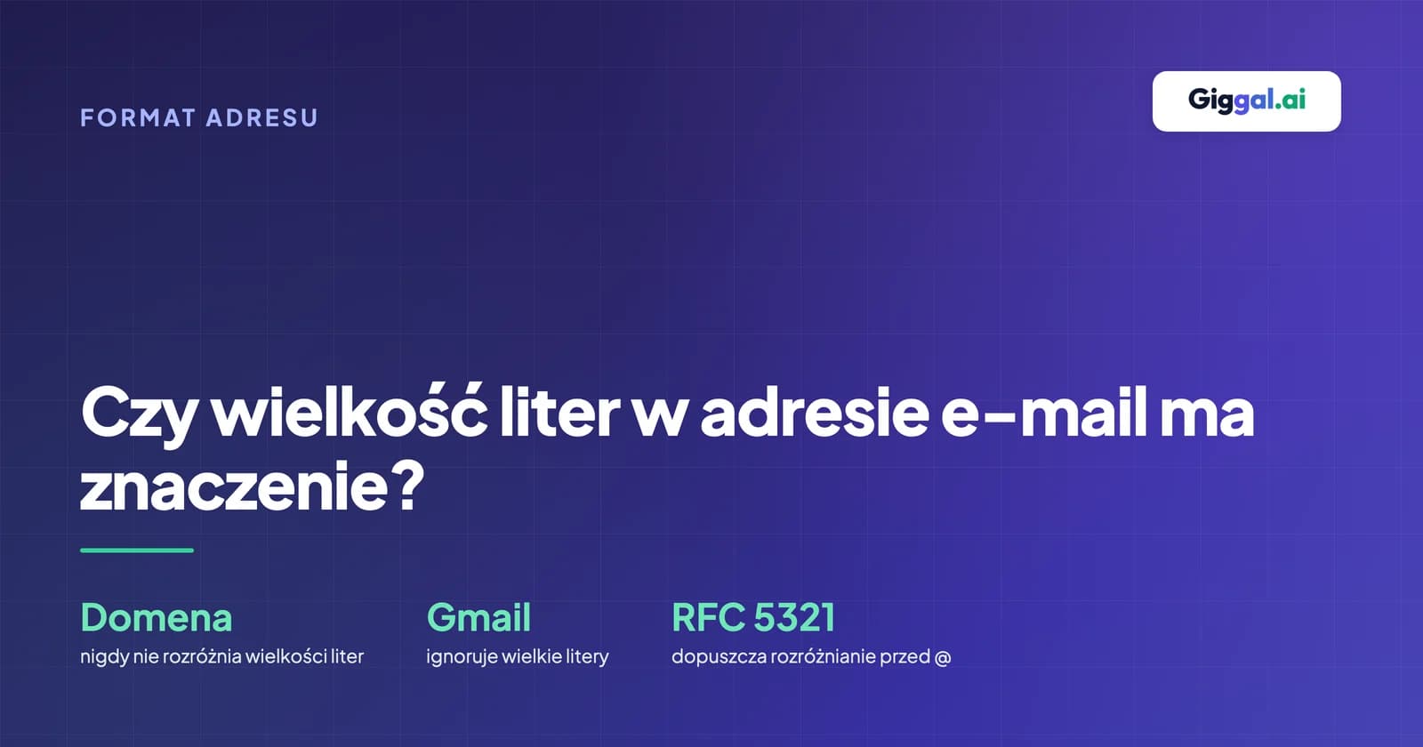 Okładka o wielkości liter w adresie e-mail z zasadami dla domen, Gmaila, Outlooka i baz danych