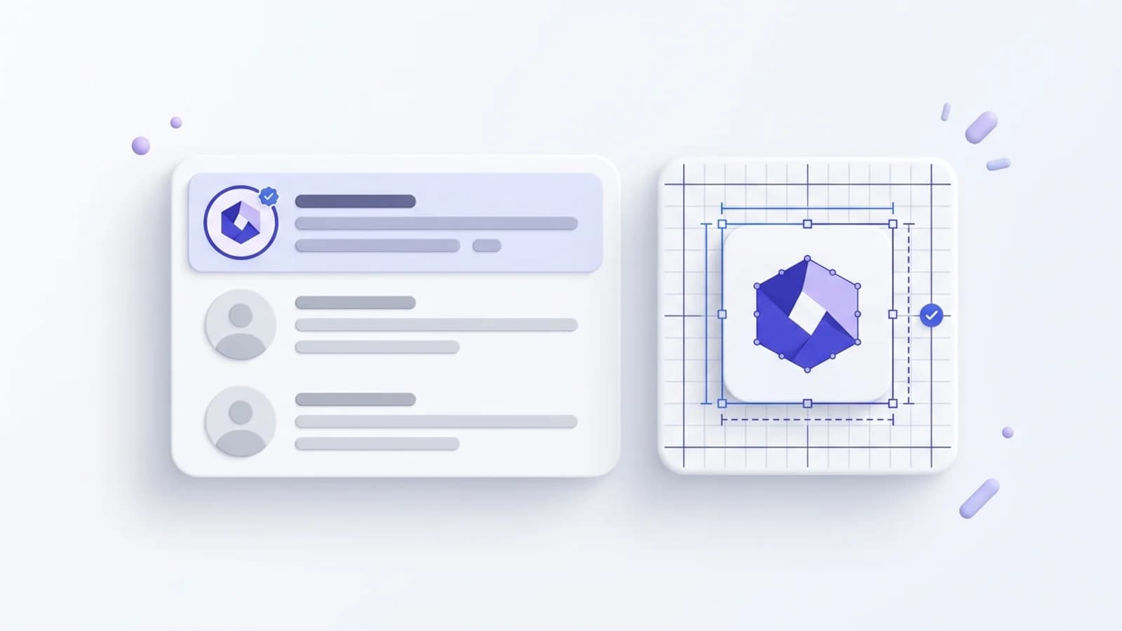 Illustration zu BIMI in E-Mails: ein bestätigter Absender-Avatar neben einem Raster aus quadratischen SVG-Markenlogos.
