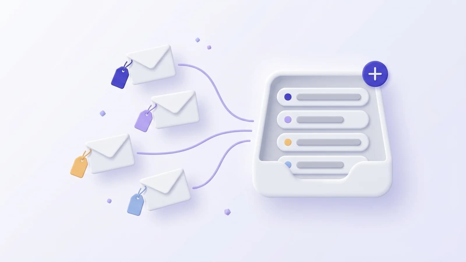 Illustration of several Gmail plus addresses with different tags arriving in one inbox.
