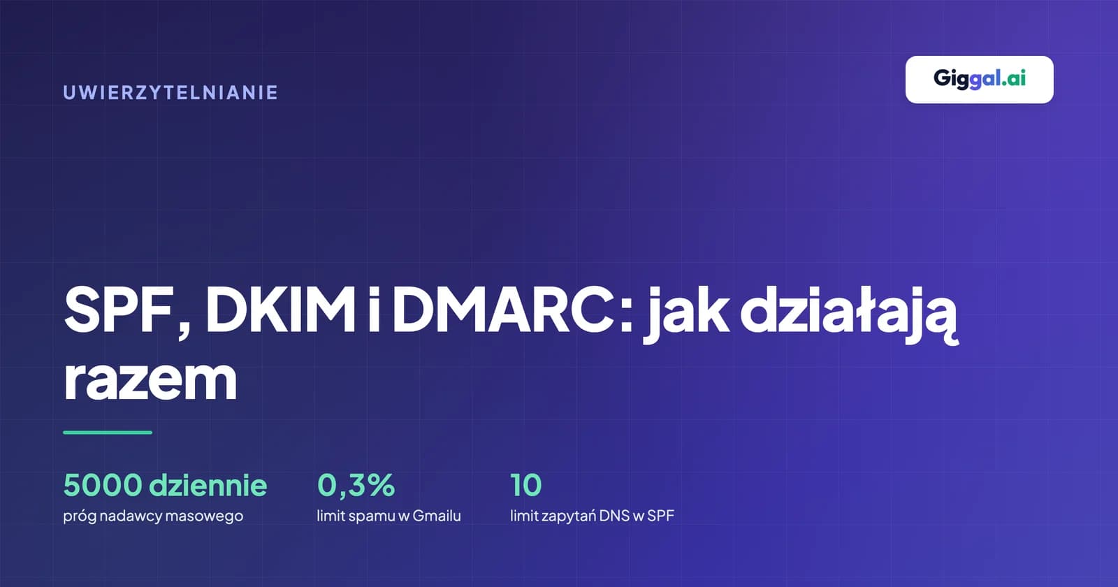 Ciemnoniebieski baner z napisem SPF, DKIM, DMARC i trzema kolumnami z technicznym opisem każdego rekordu
