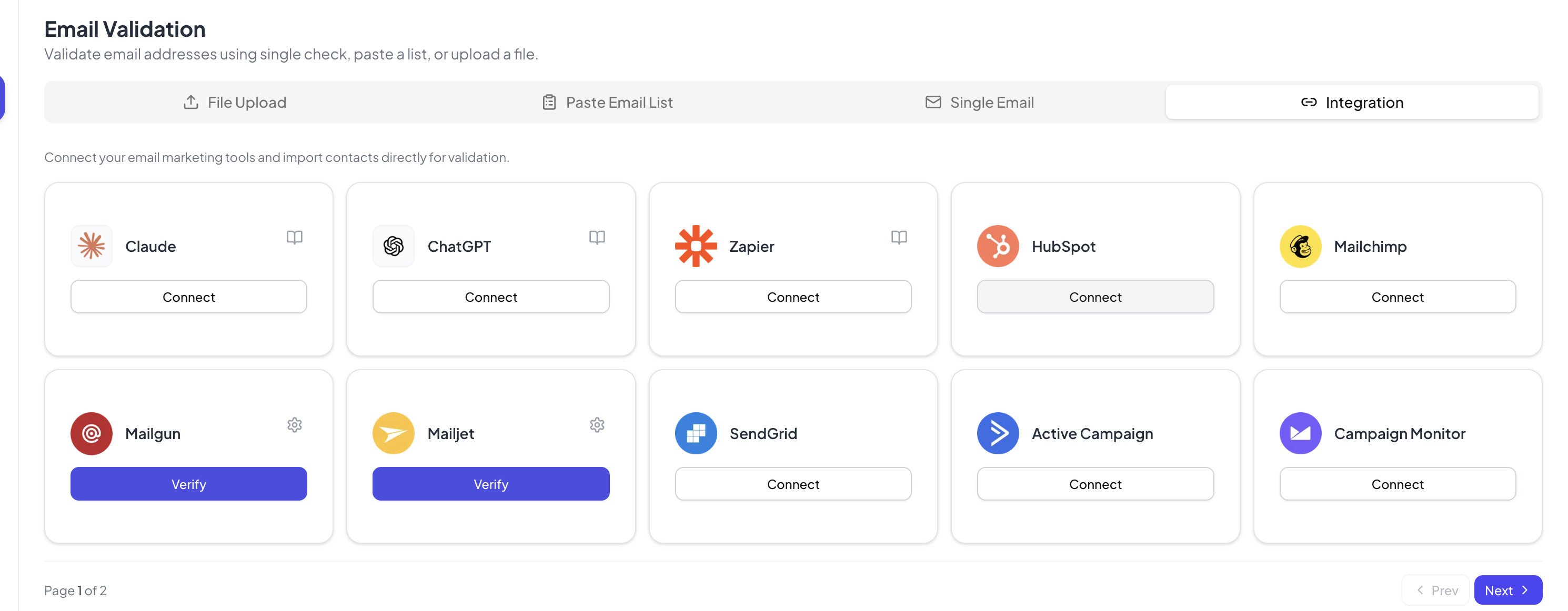Karta HubSpot i przycisk Connect w zakładce Integration w Giggal.ai