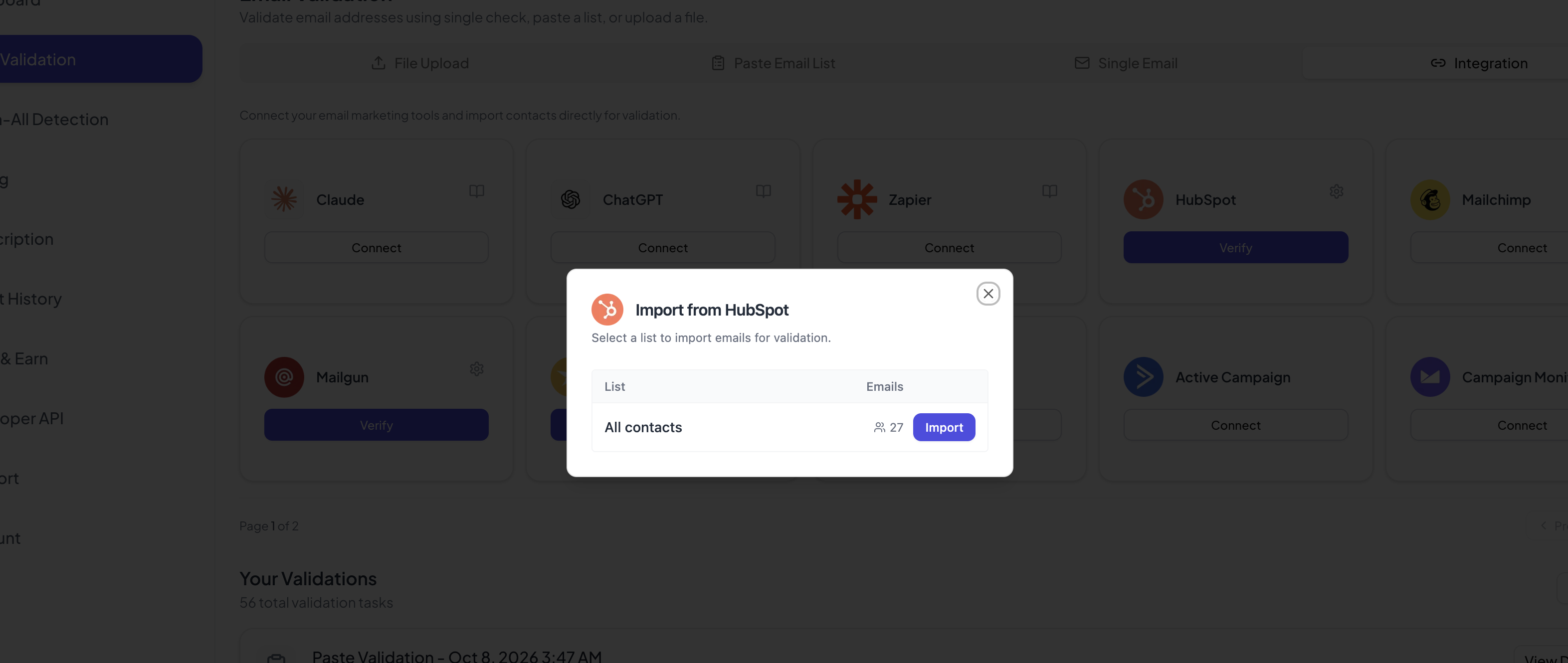 Okno Import from HubSpot z listami kontaktów i liczbą adresów e-mail