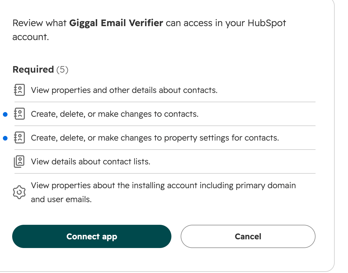 Ekran HubSpot do zatwierdzenia uprawnień aplikacji Giggal Email Verifier