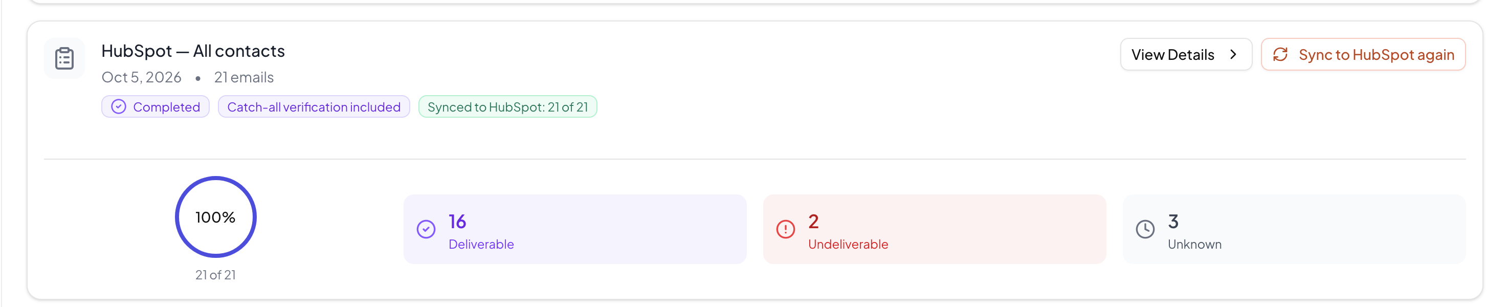 Zakończone zadanie weryfikacji HubSpot w Giggal.ai z wynikami zsynchronizowanymi z HubSpot