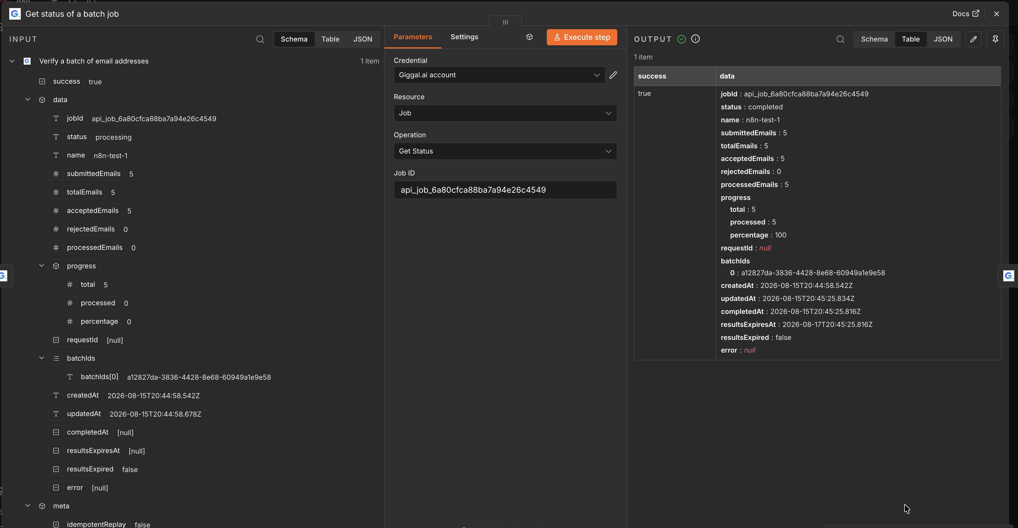 Checking batch job progress with the Get Status operation in n8n