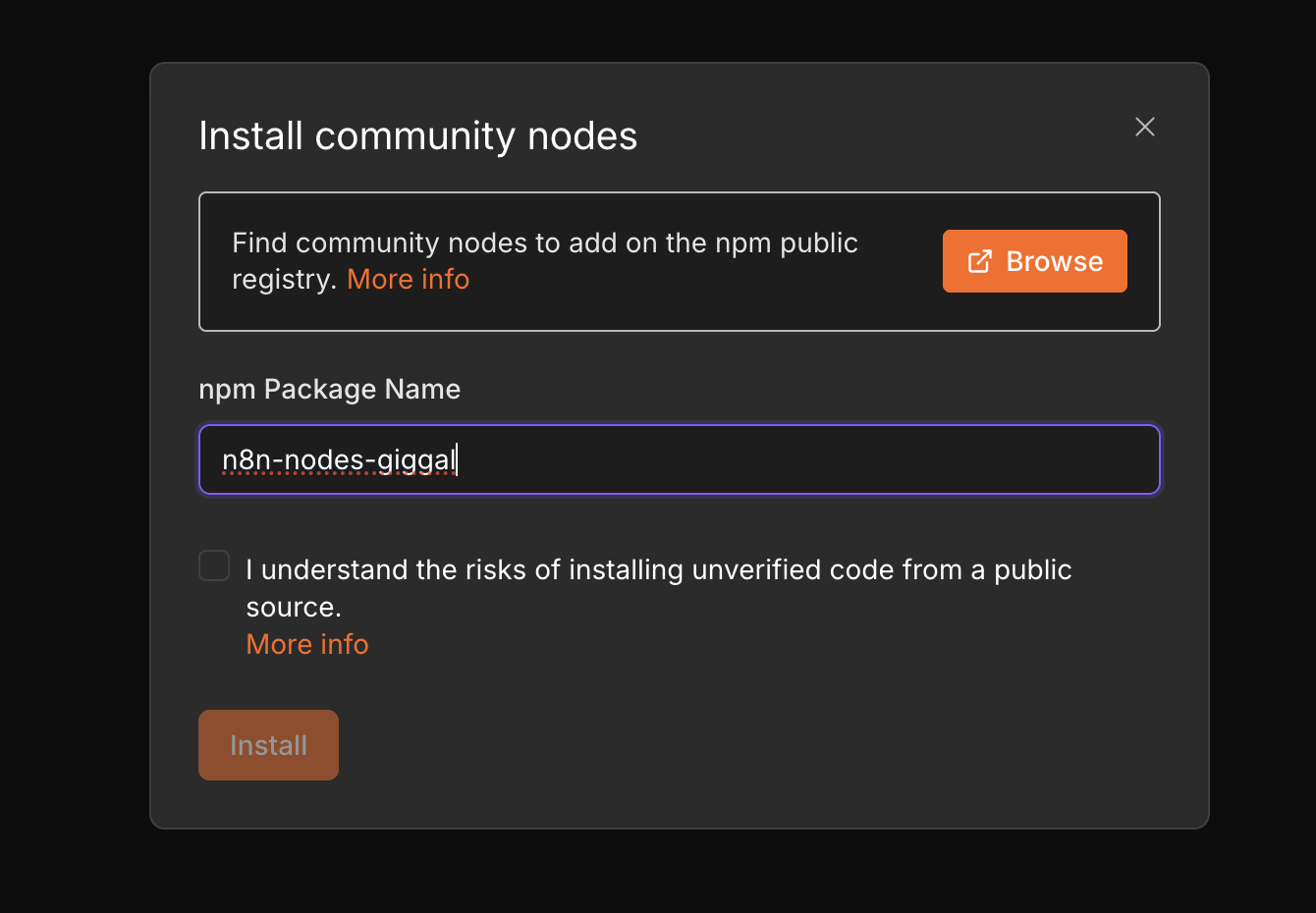 Installing the n8n-nodes-giggal package in the Install community nodes dialog