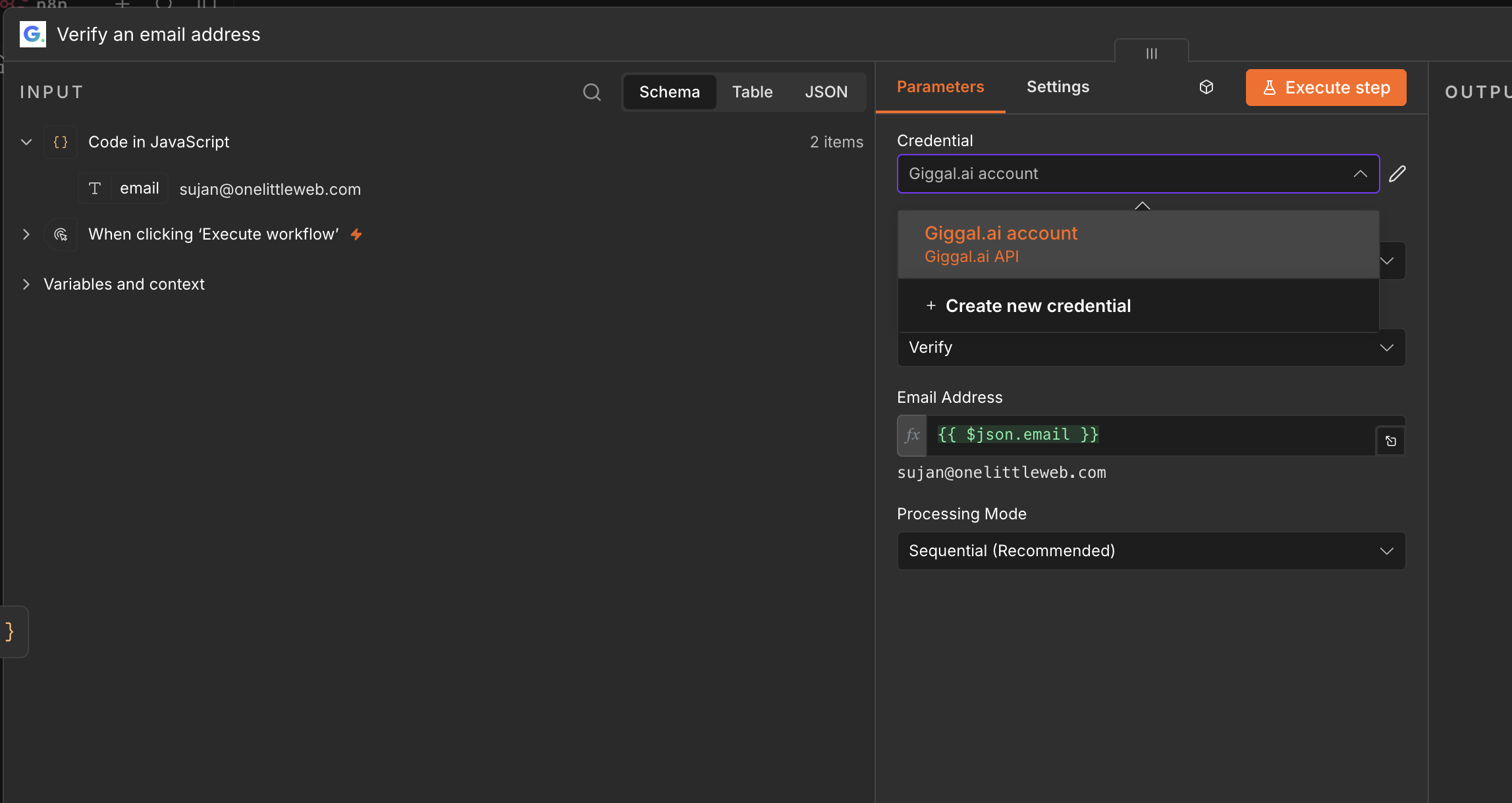 Creating a new Giggal.ai credential on the node in n8n