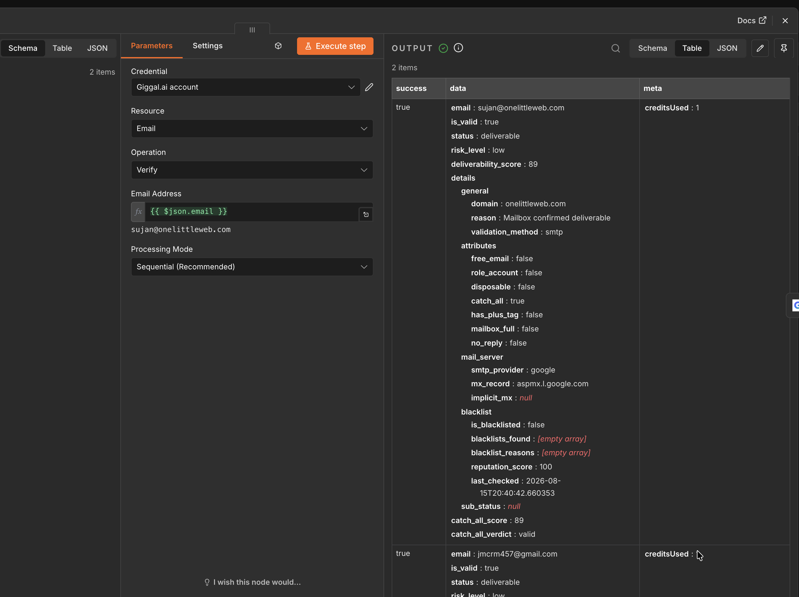 Running a single email verification in n8n and reading the result output