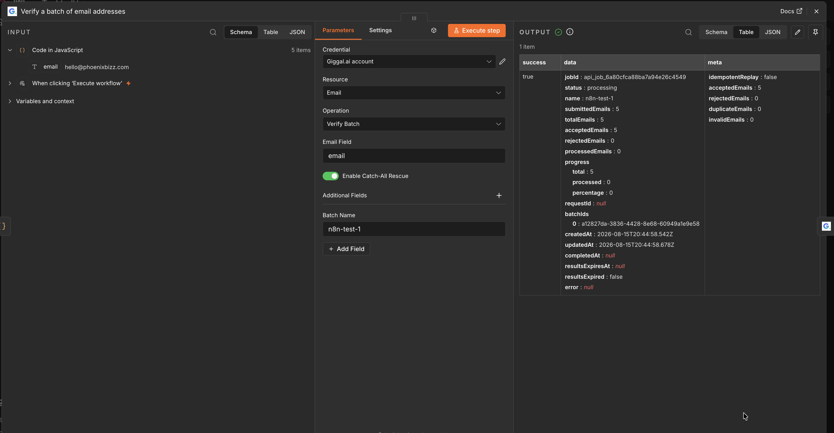 Submitting a batch of emails for verification with the Giggal.ai n8n node