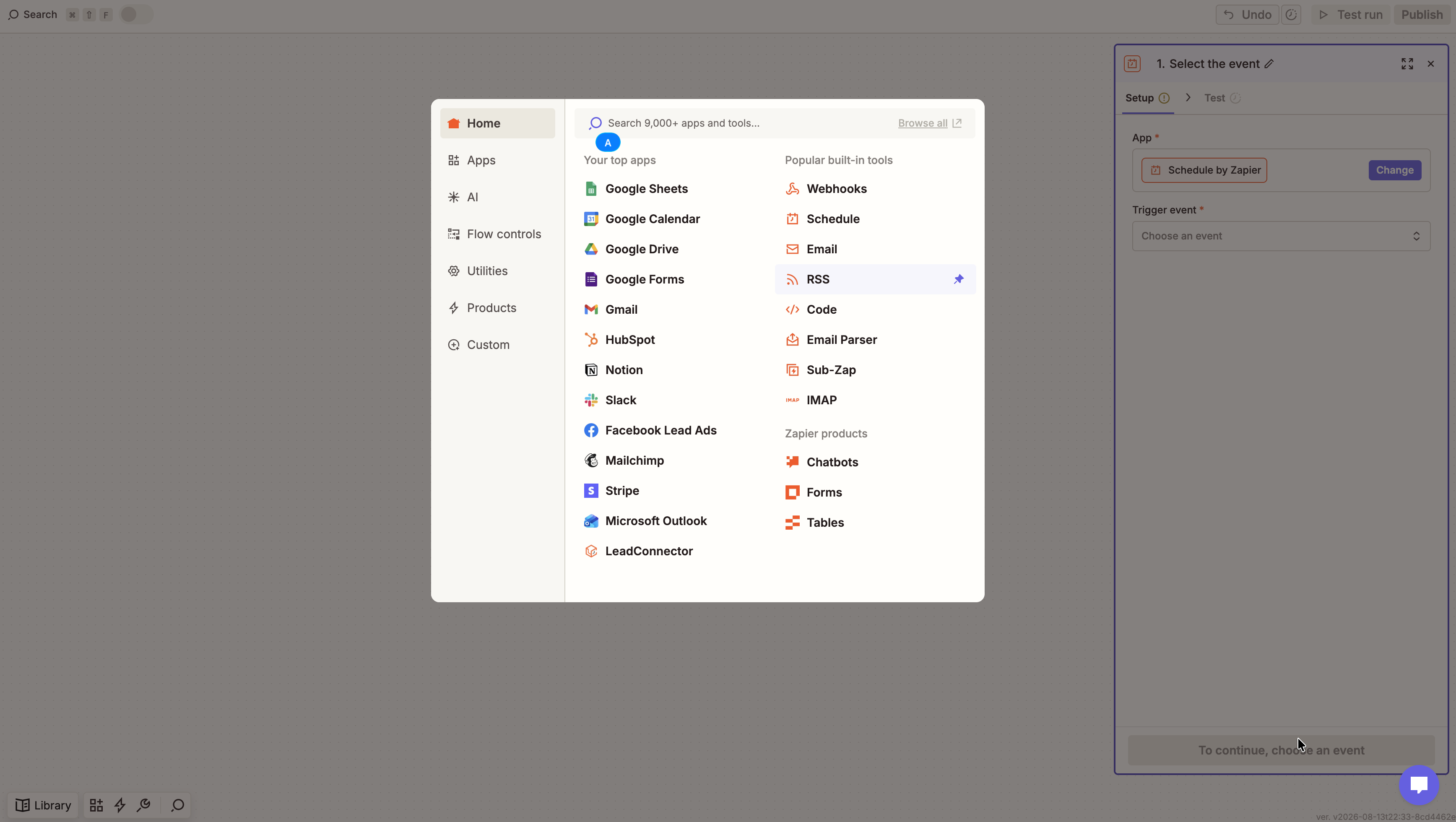 Choosing Google Sheets as the trigger app in the Zapier editor