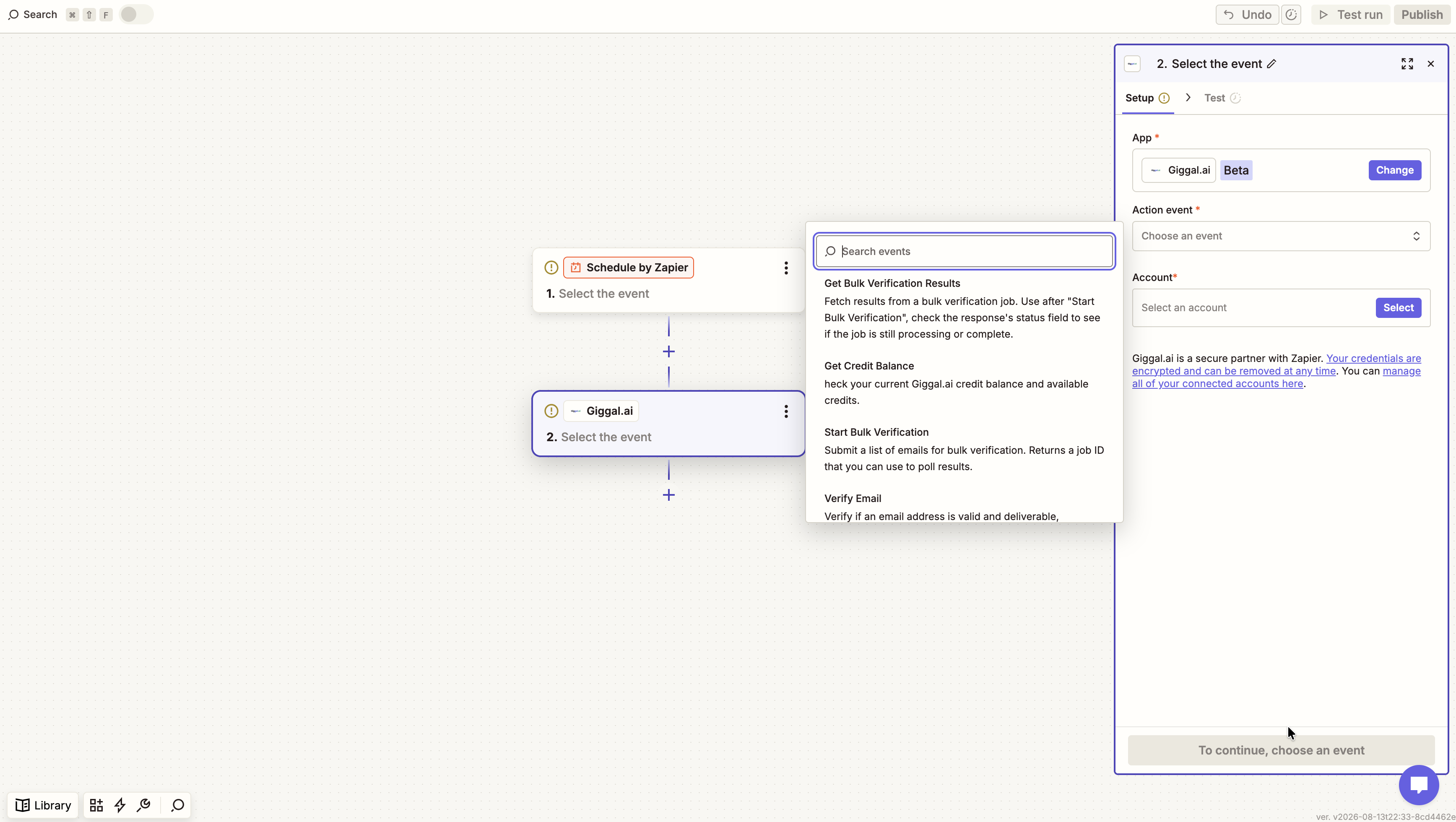 Selecting a Giggal.ai action event in Zapier