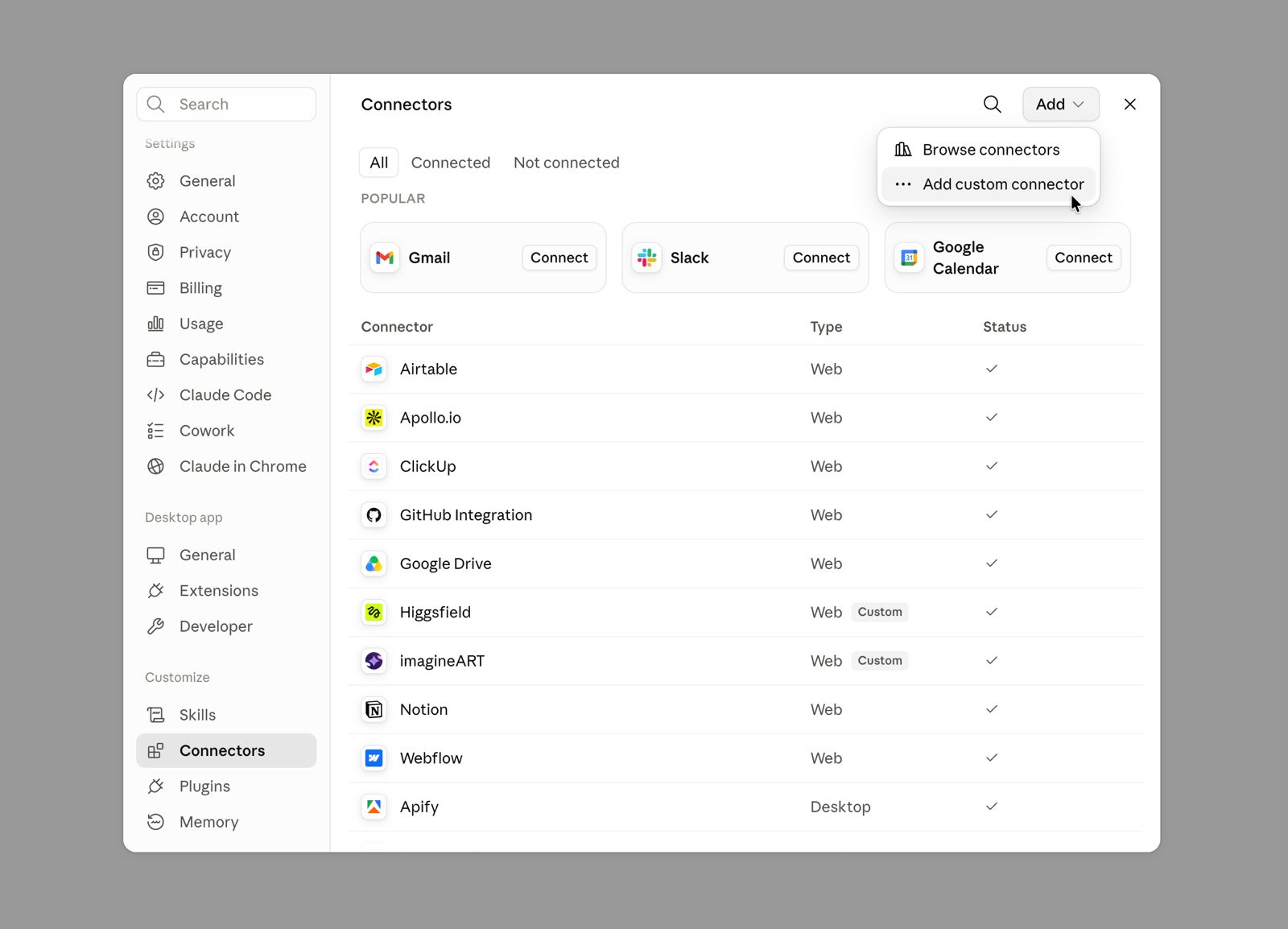 The Add menu open showing Add custom connector