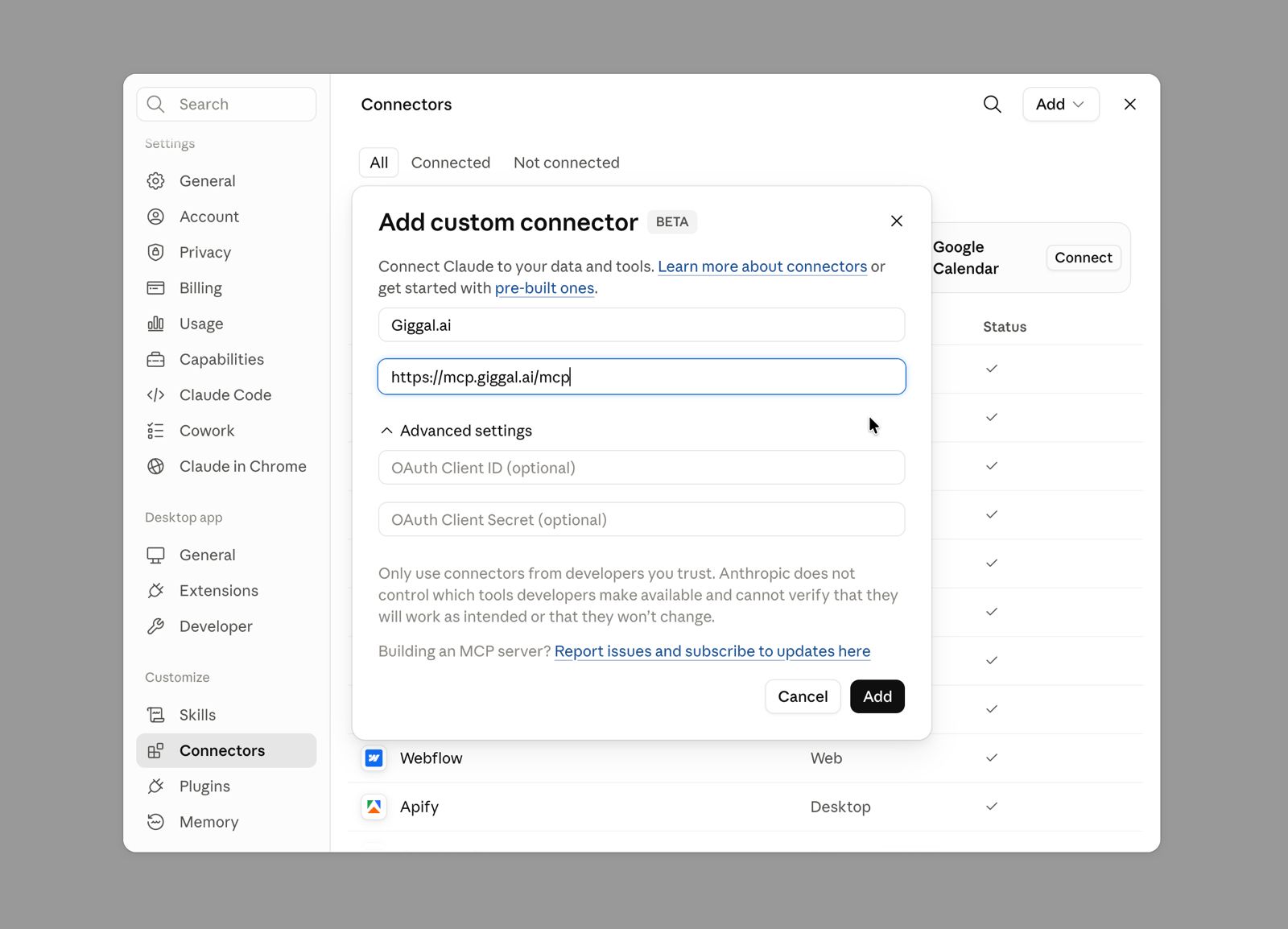 Add custom connector dialog with the Giggal.ai MCP URL filled in