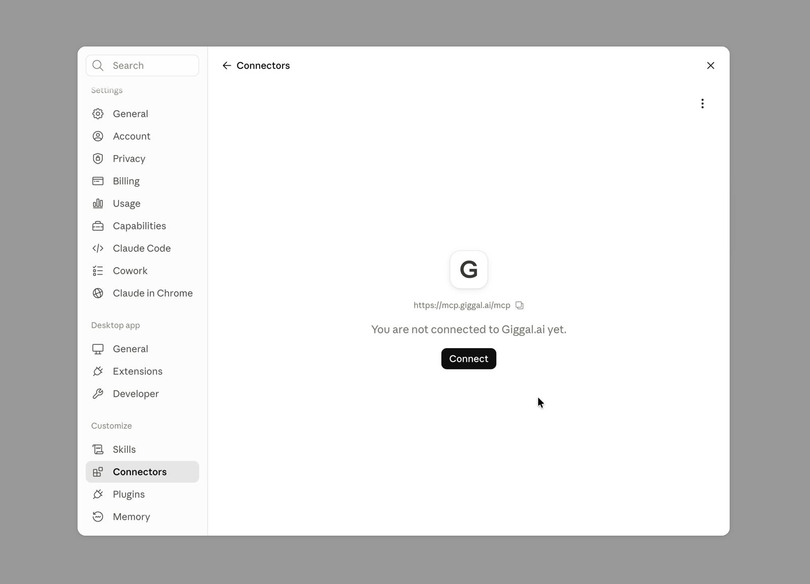 Giggal.ai connector page with the Connect button