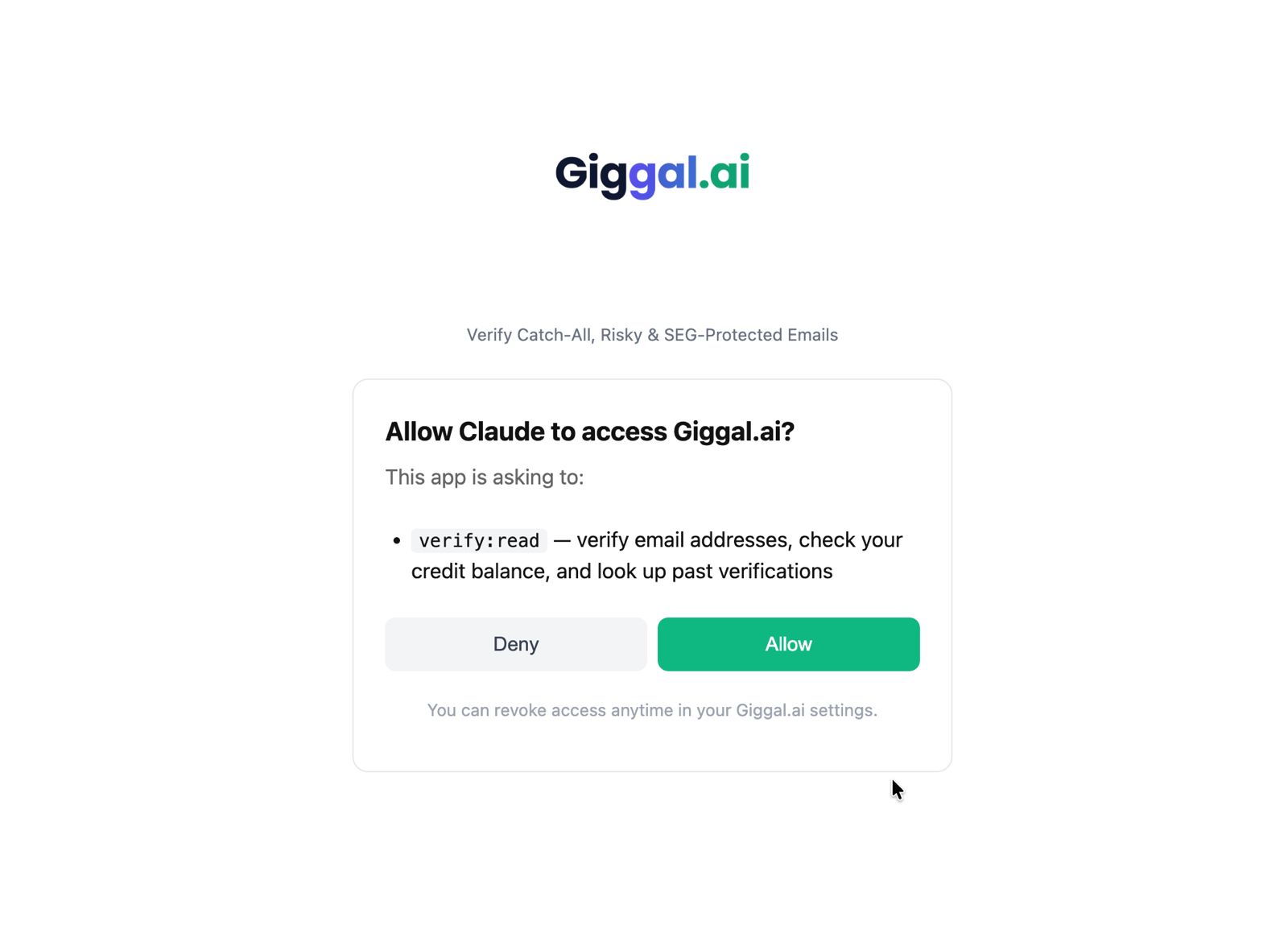 Giggal.ai authorization screen asking to allow Claude access